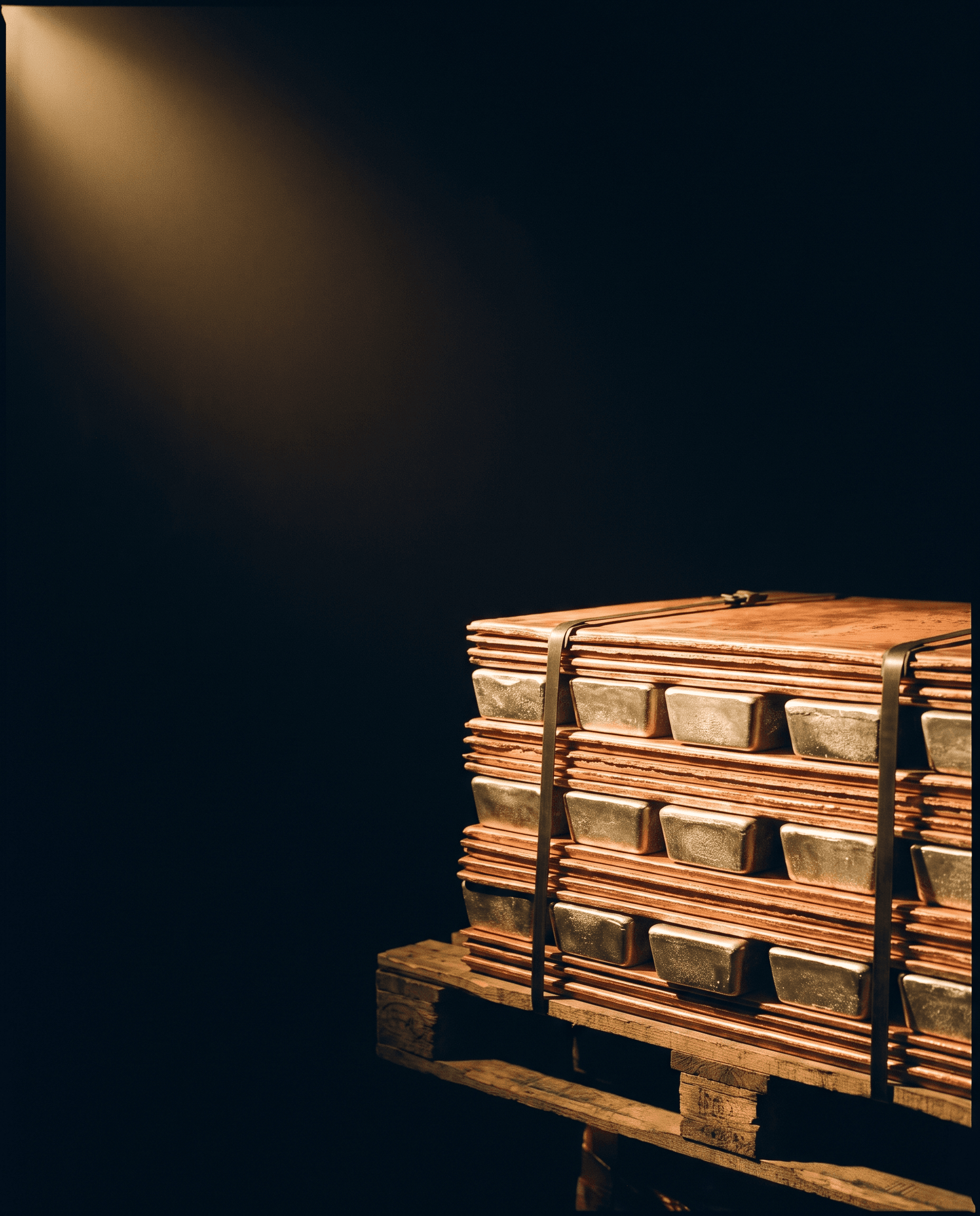 Stacked copper plates and ingots on a wooden pallet in a beam of light in a dark hall