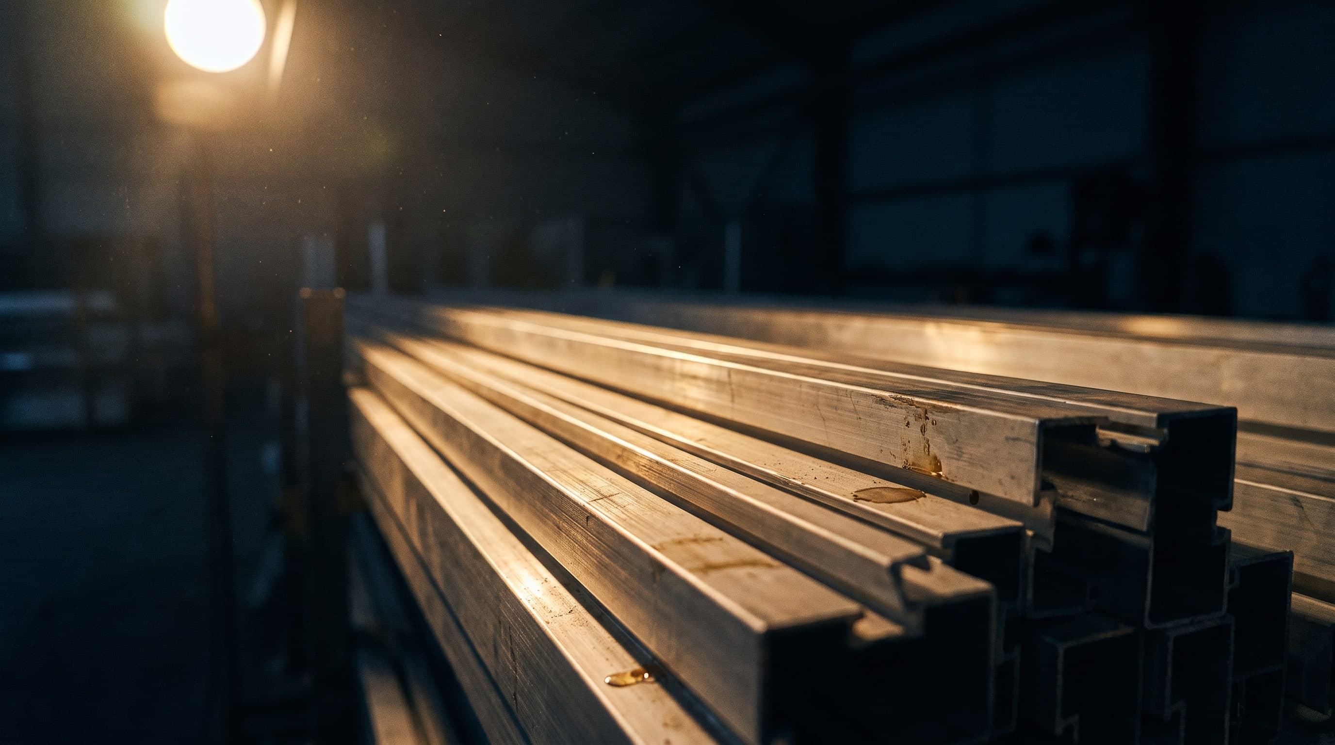 Stacked square metal profiles in raking light, close-up