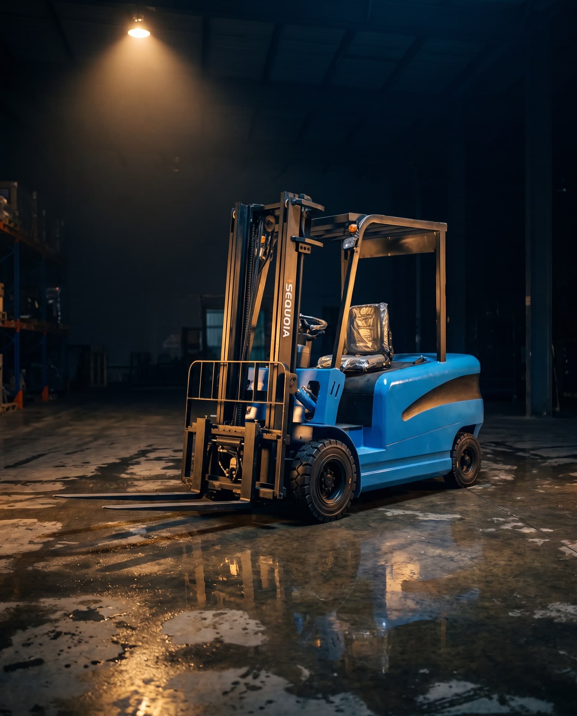 Blue forklift in a dark, empty warehouse on a wet, reflective concrete floor