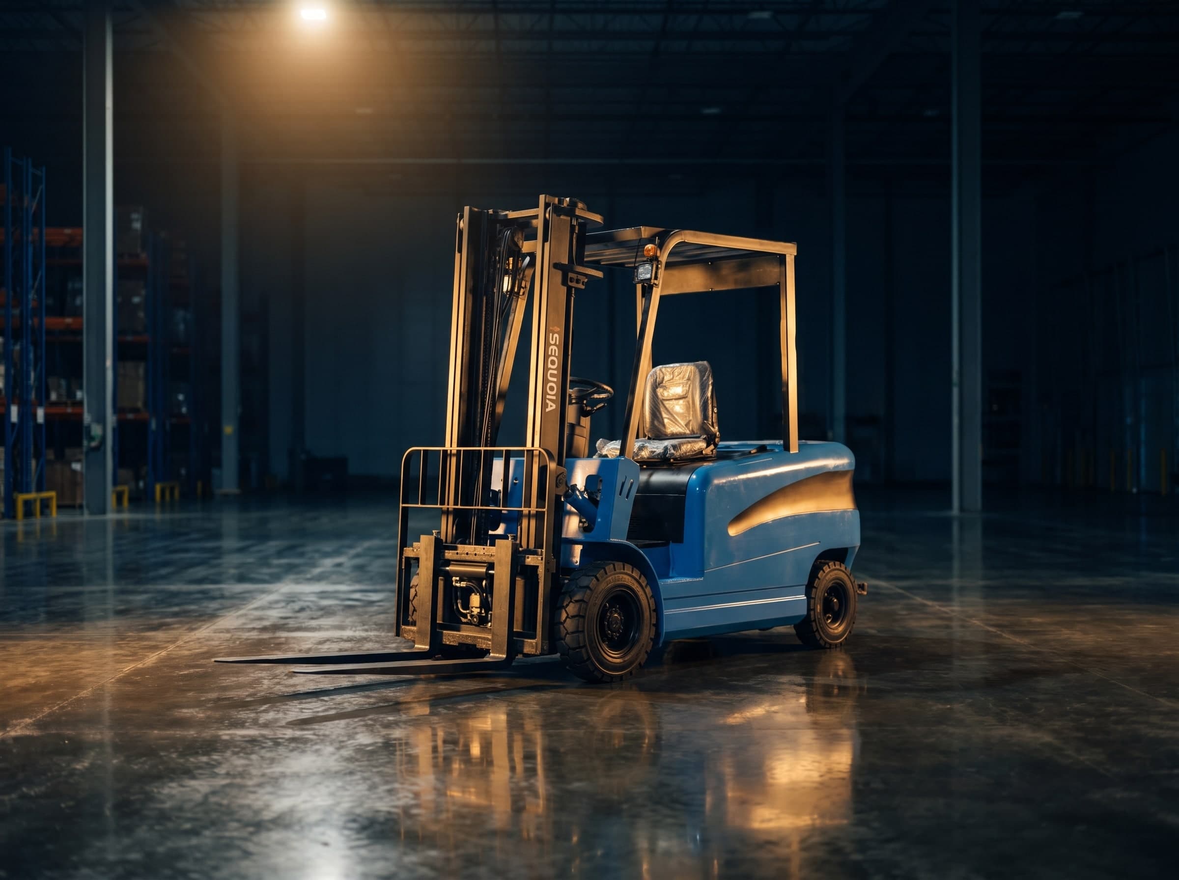 Blue forklift in a dark warehouse