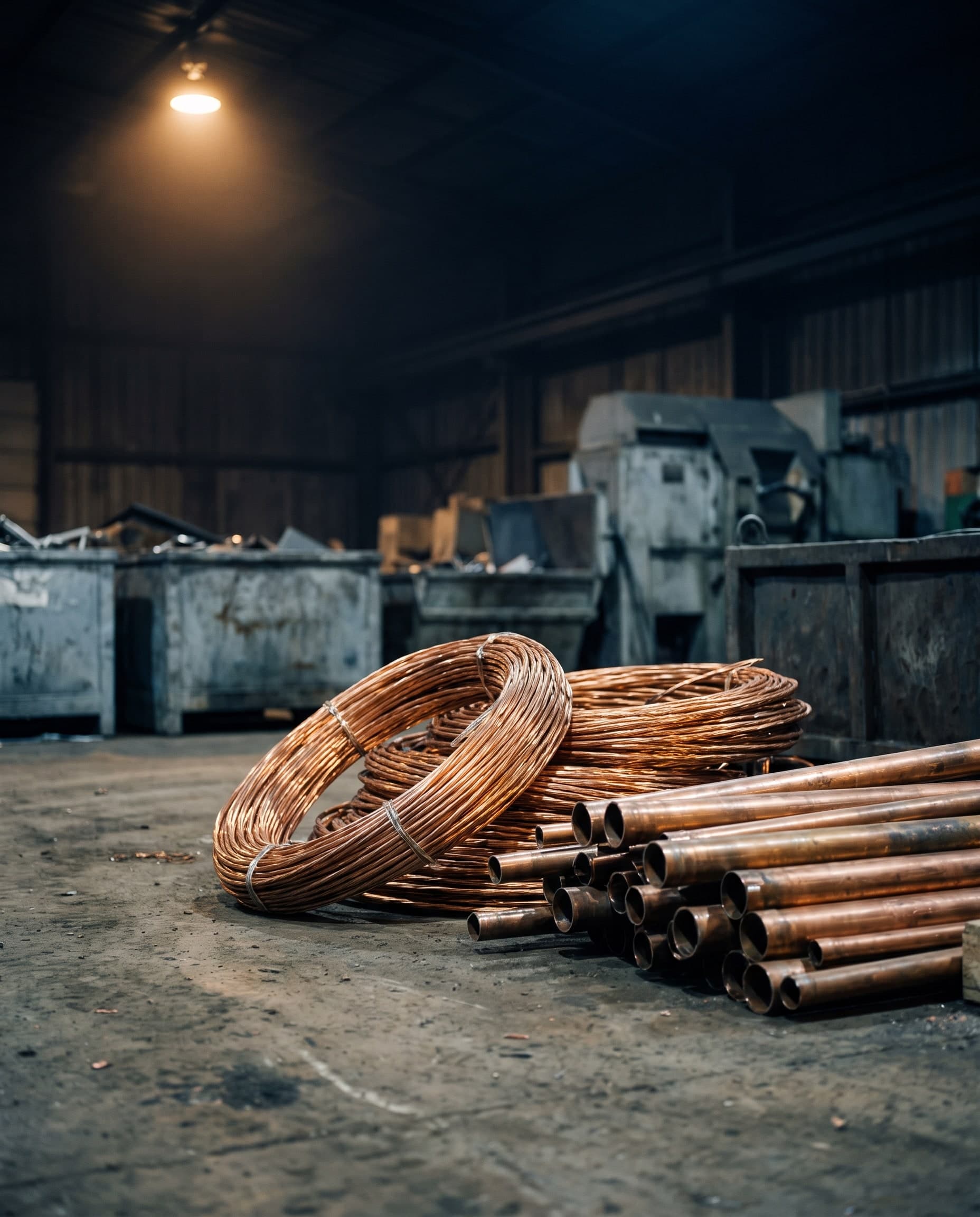 Coiled bare copper wire and copper pipe pieces in a beam of light in a dark hall