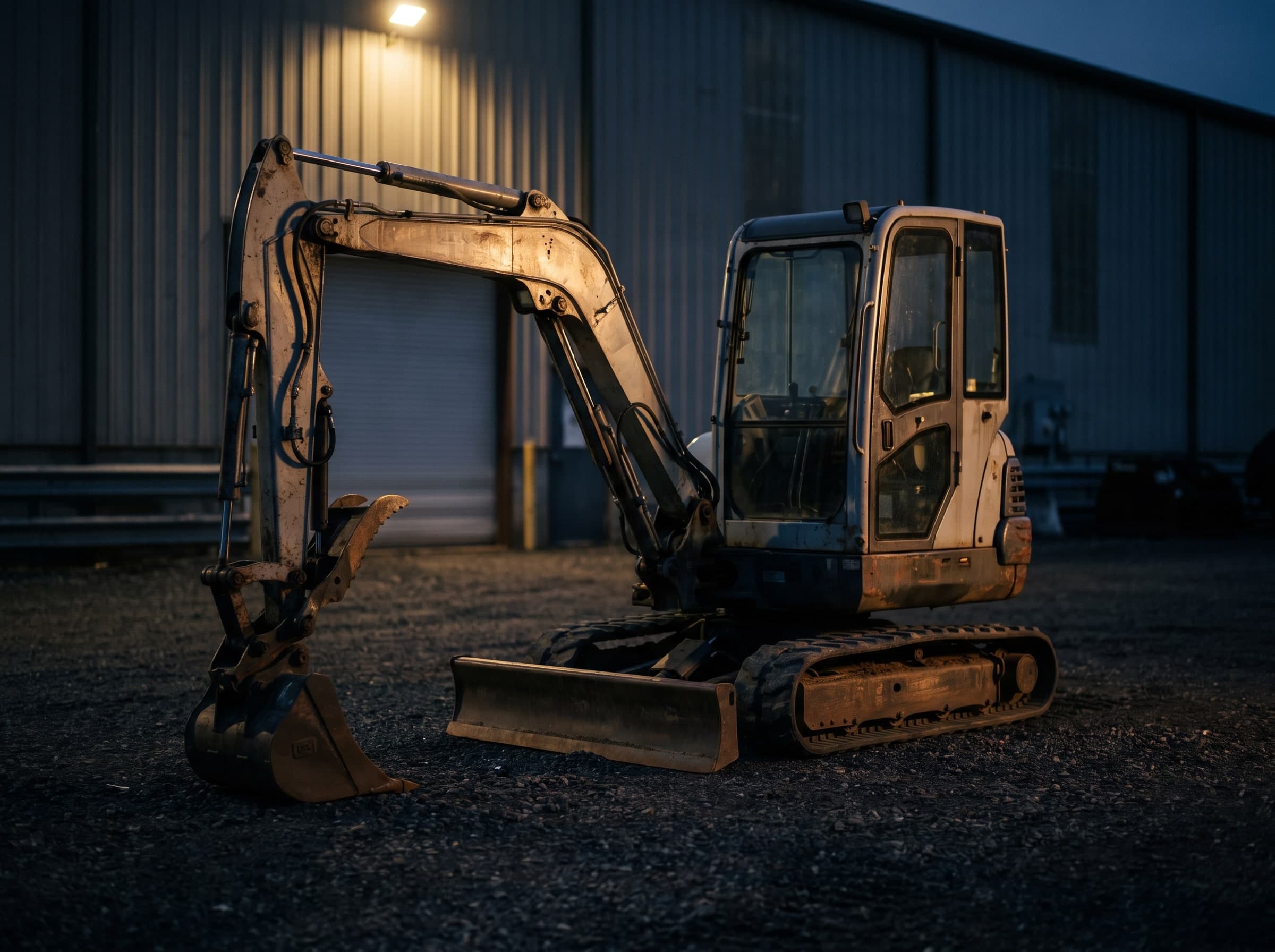 Compact crawler mini excavator with dozer blade on a gravel yard at dusk