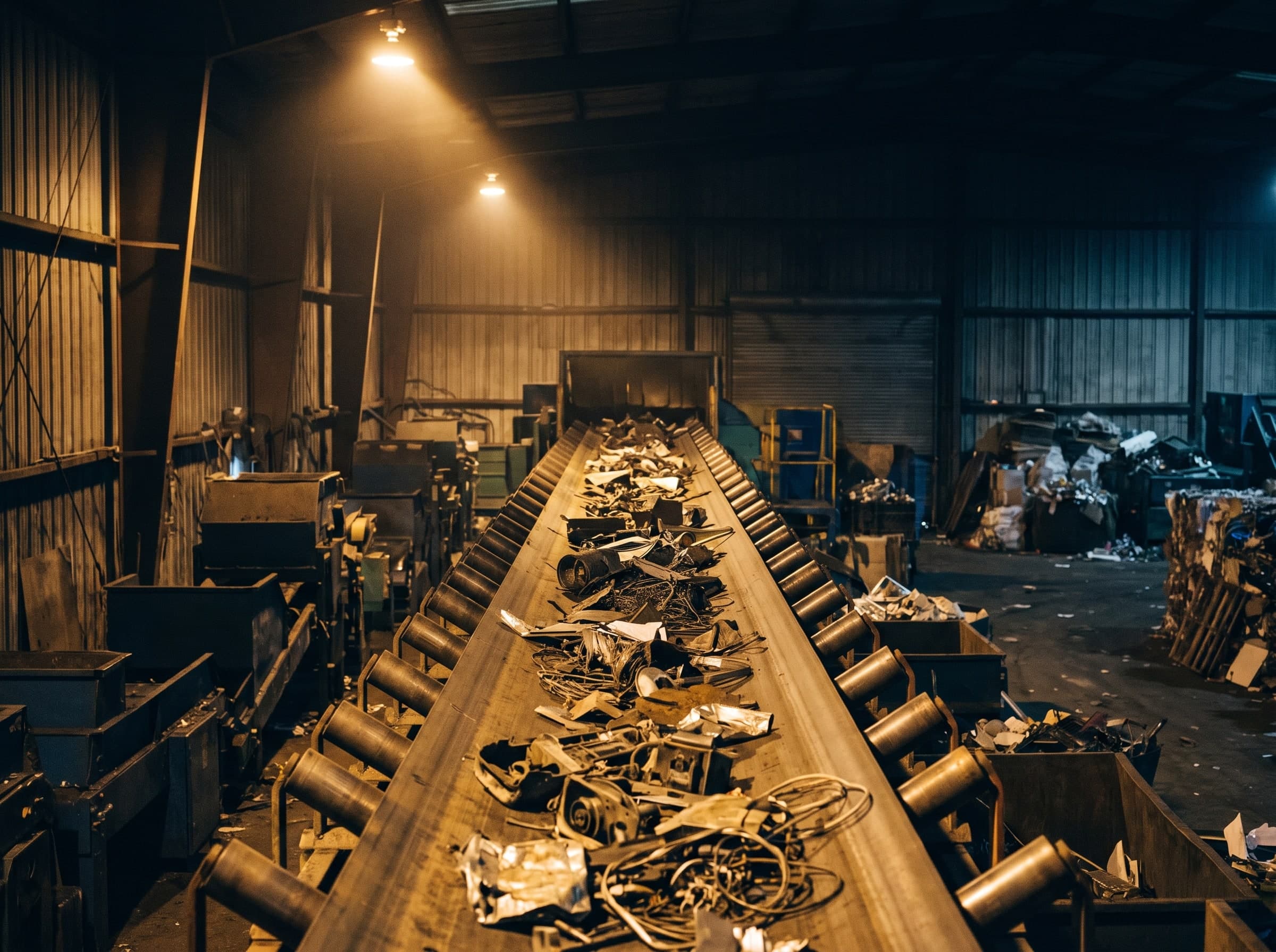 Long roller conveyor with metal parts and cable remnants in a dark hall