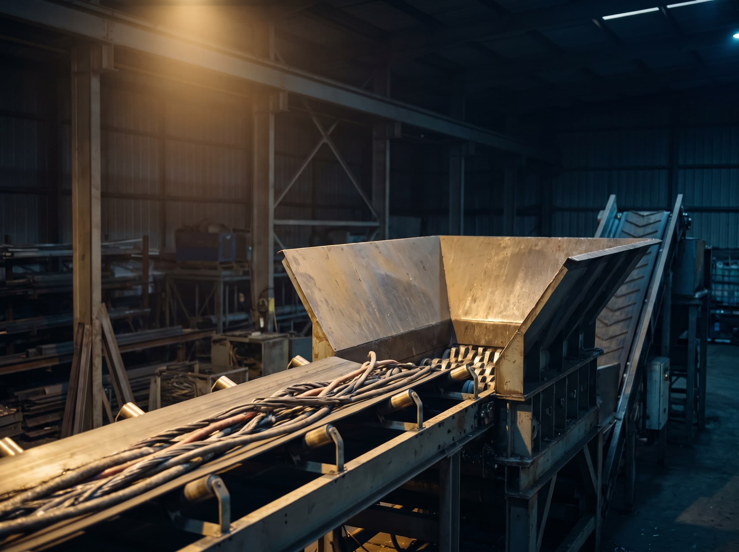 Conveyor belt with cable remnants leading into the hopper of a shredding plant