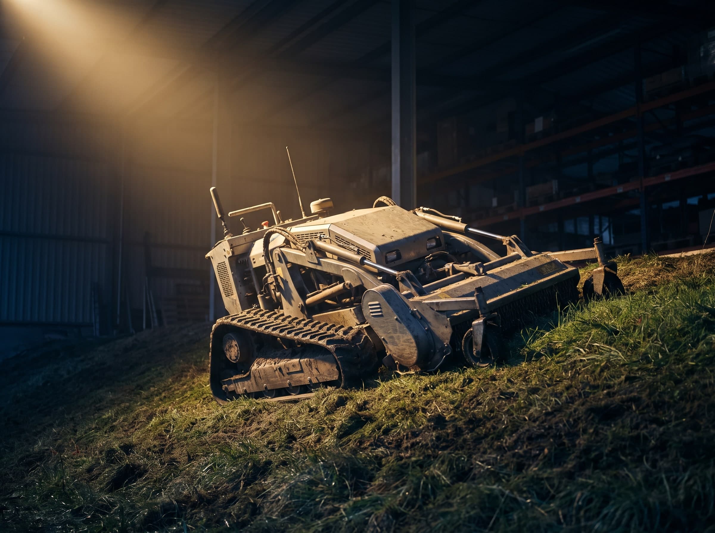 Crawler mower on a strip of grass in the beam of light of a dark hall
