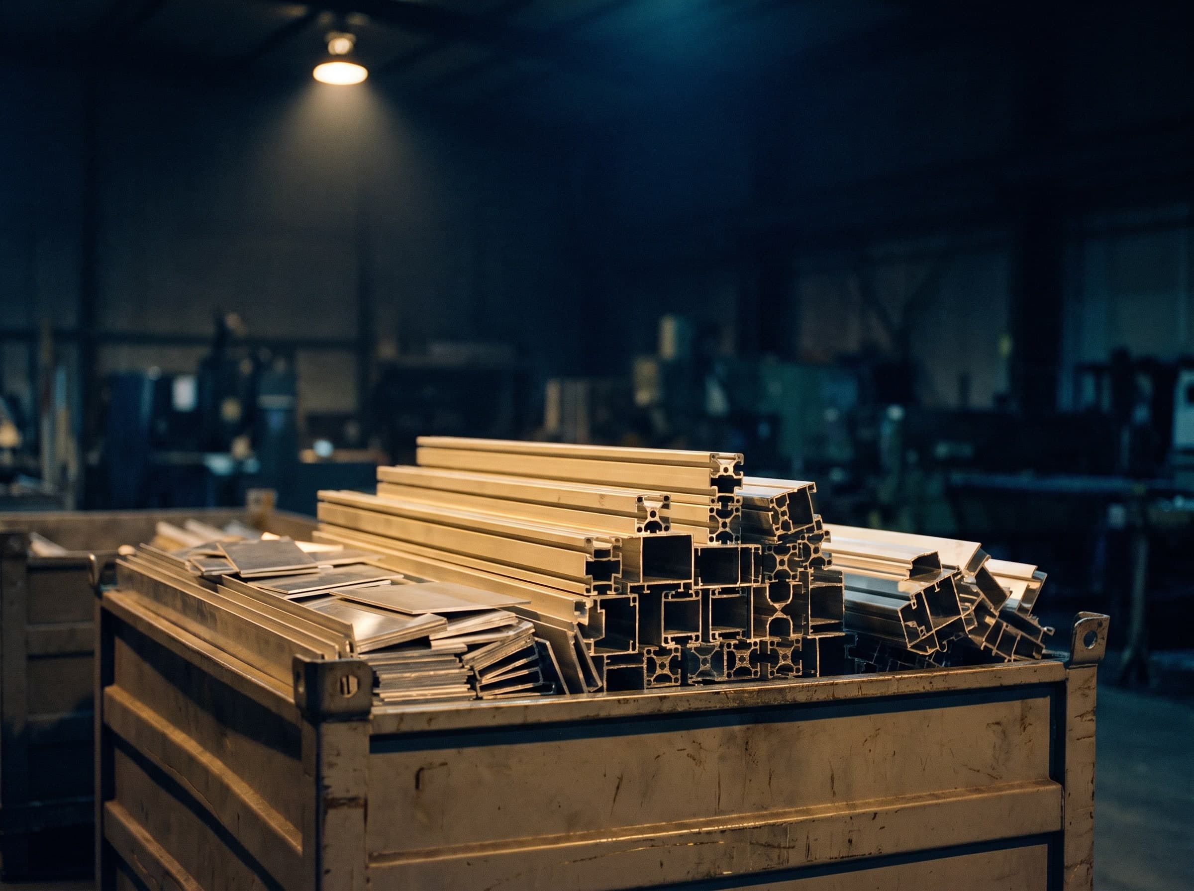 Stacked aluminium profiles and sheet blanks in an open metal crate