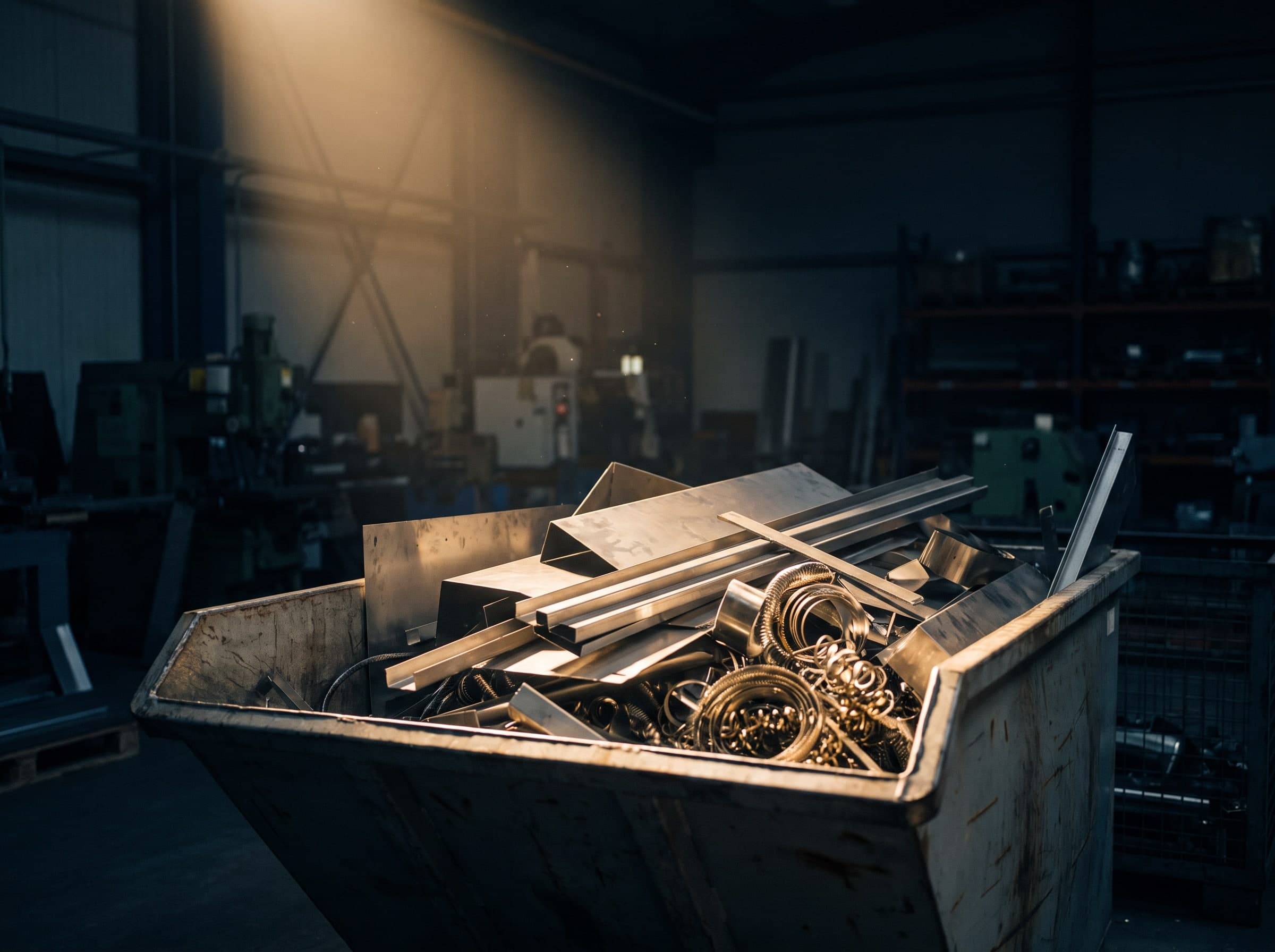 Brushed stainless steel sheet blanks, profiles and curled stainless steel turnings in a metal container