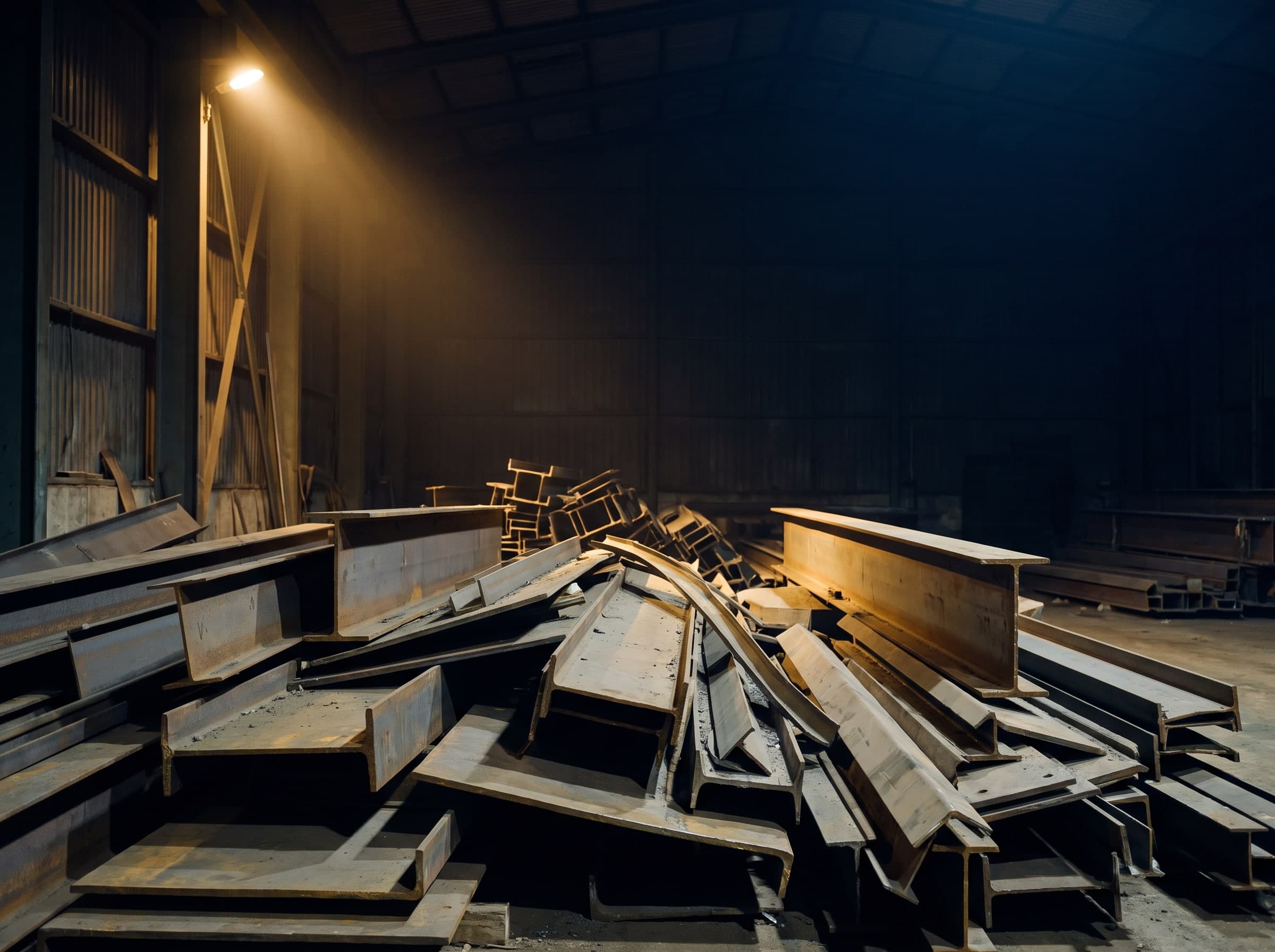 Stacked steel beams, steel profiles and steel plate blanks in a hall