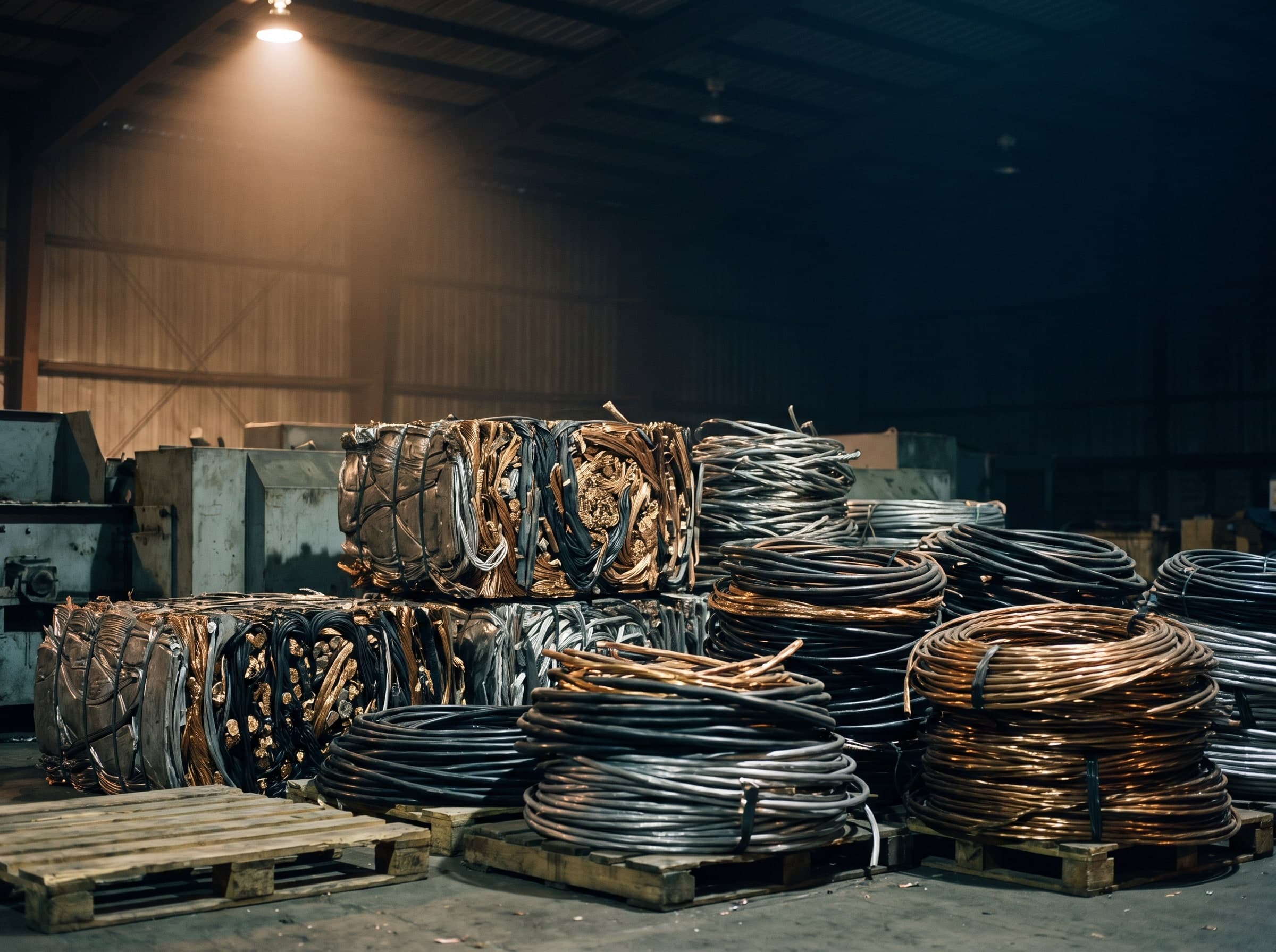 Cable reels and pressed cable bales with black and grey insulation on pallets