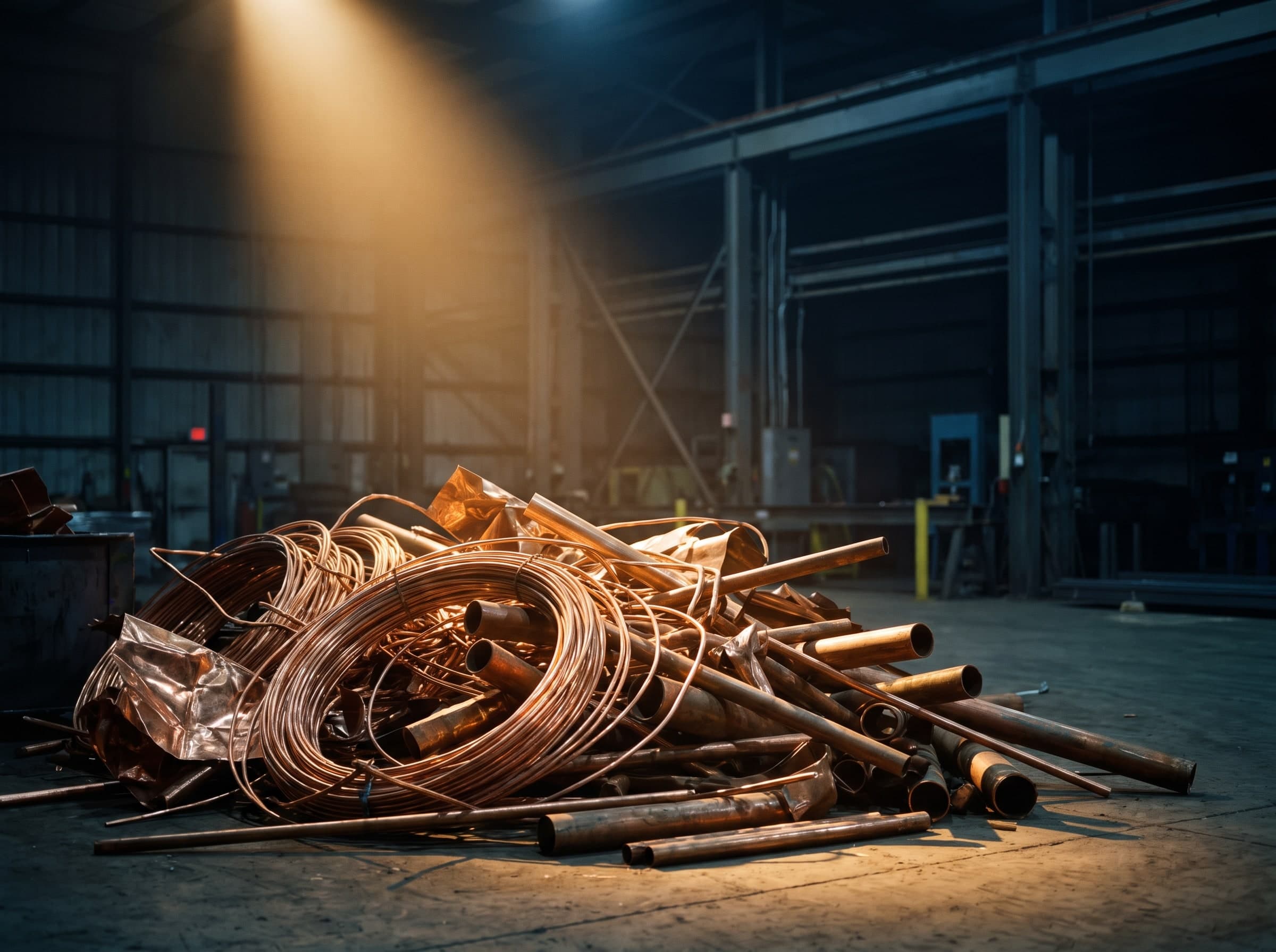 Pile of bare copper wire, copper pipe sections and copper sheet offcuts
