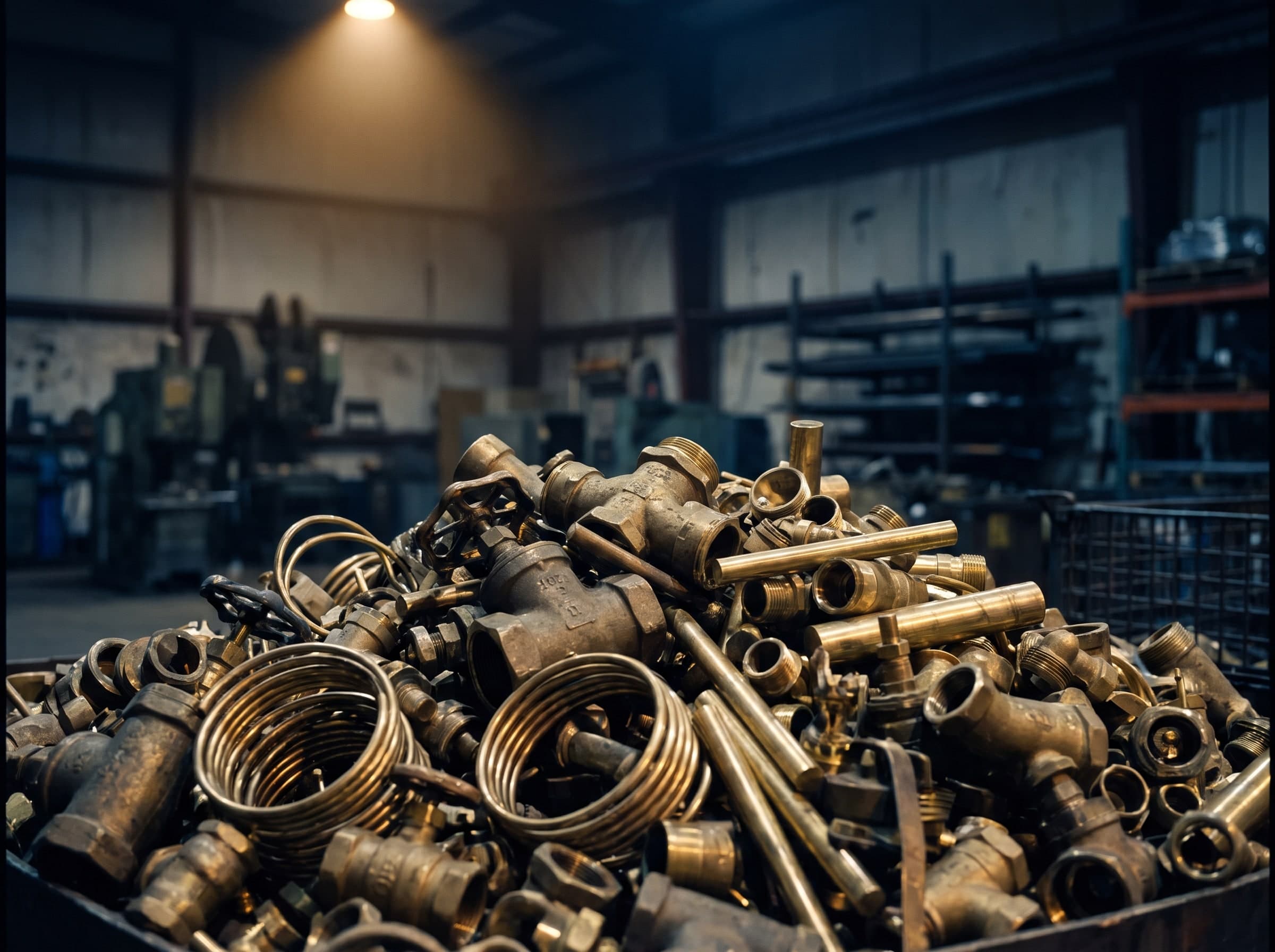 Pile of brass fittings, pipe coils and bar offcuts
