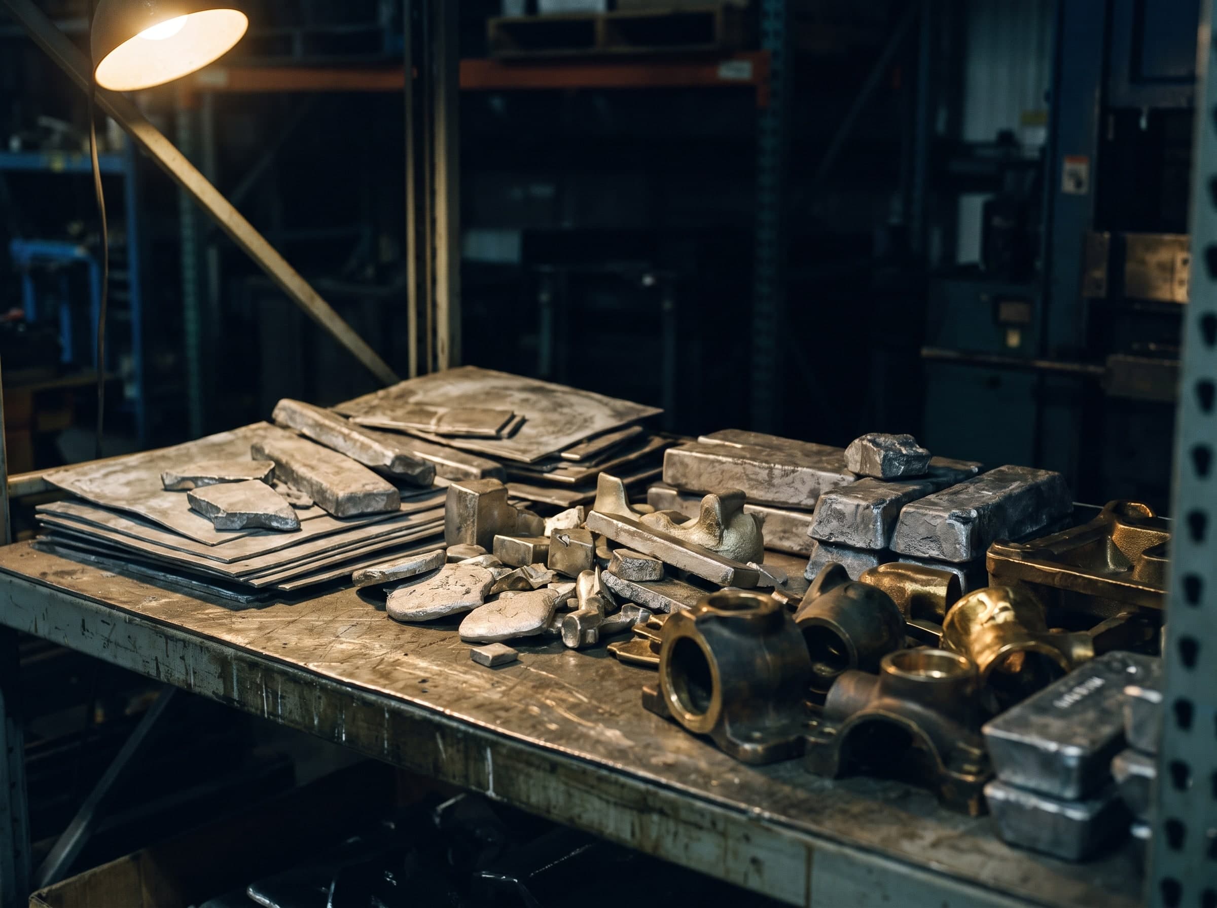 Various metal sheets, ingots and castings on a steel workbench