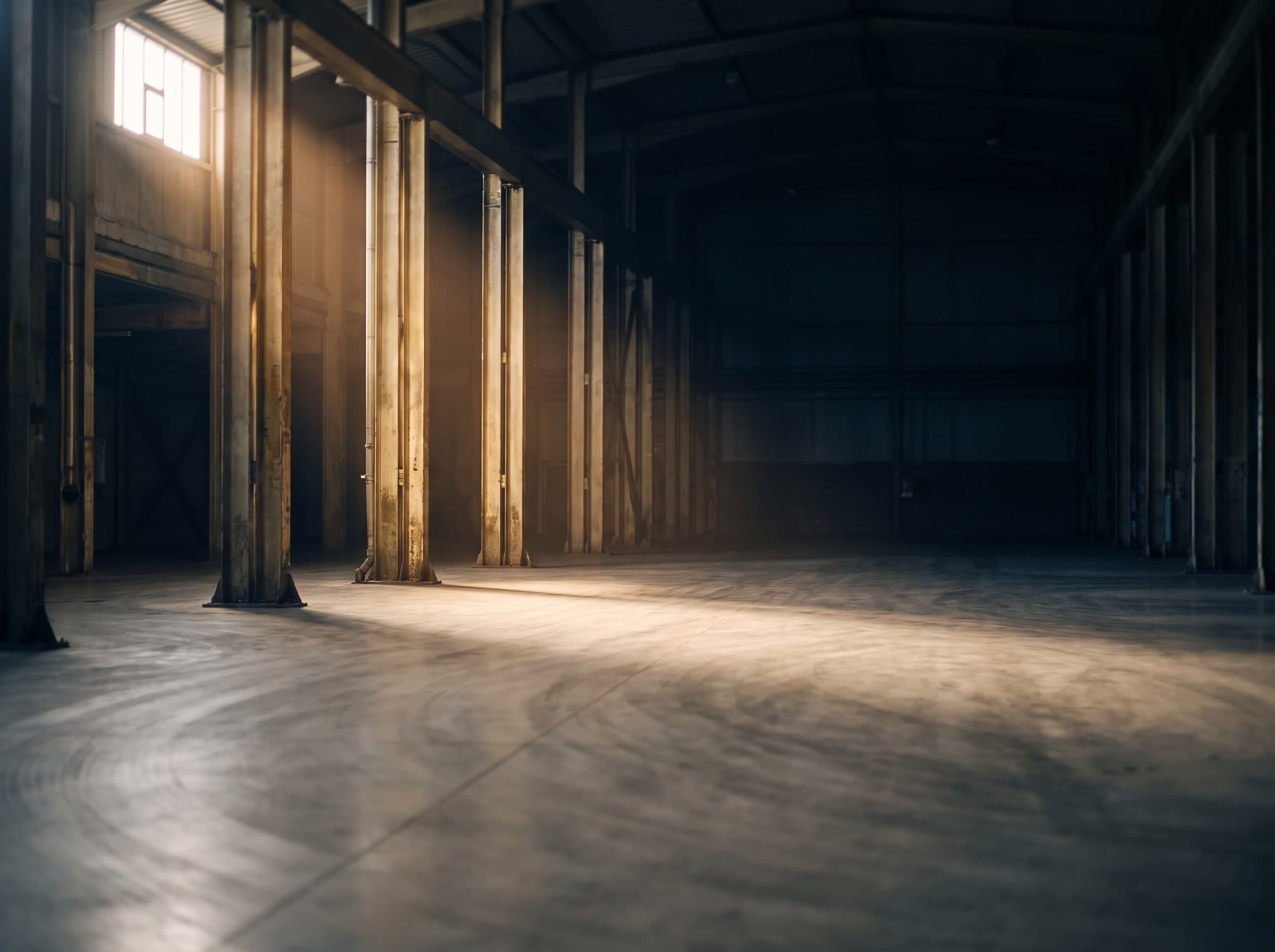 Empty hall with steel columns and a concrete floor, light falling at an angle through a tall window