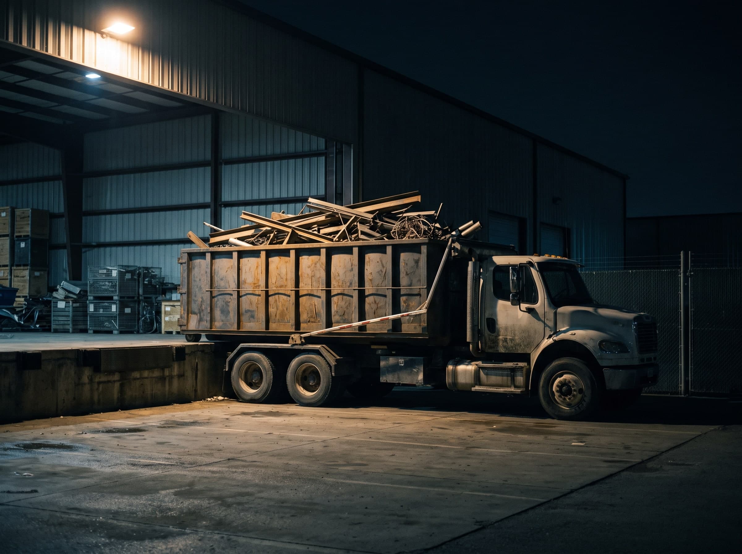 Truck with an open skip full of scrap metal in front of an illuminated hall at night